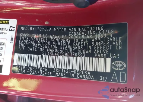 2009 Toyota Corolla Le z USA, uszkodzony, nr VIN 2T1BU40E59C176593